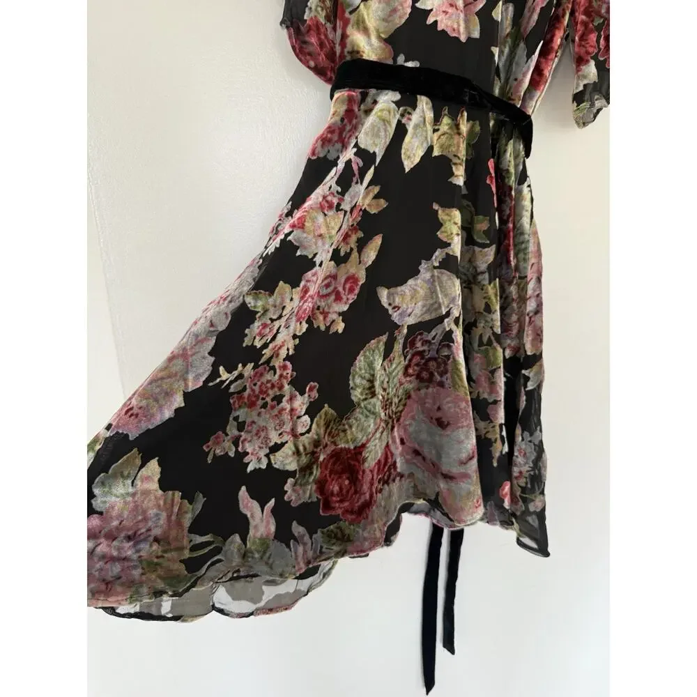 ZARA Devore Floral Burnout Velvet Mini Dress Tie Waist XS Whimsigoth Romantic - Picture 5 of 15